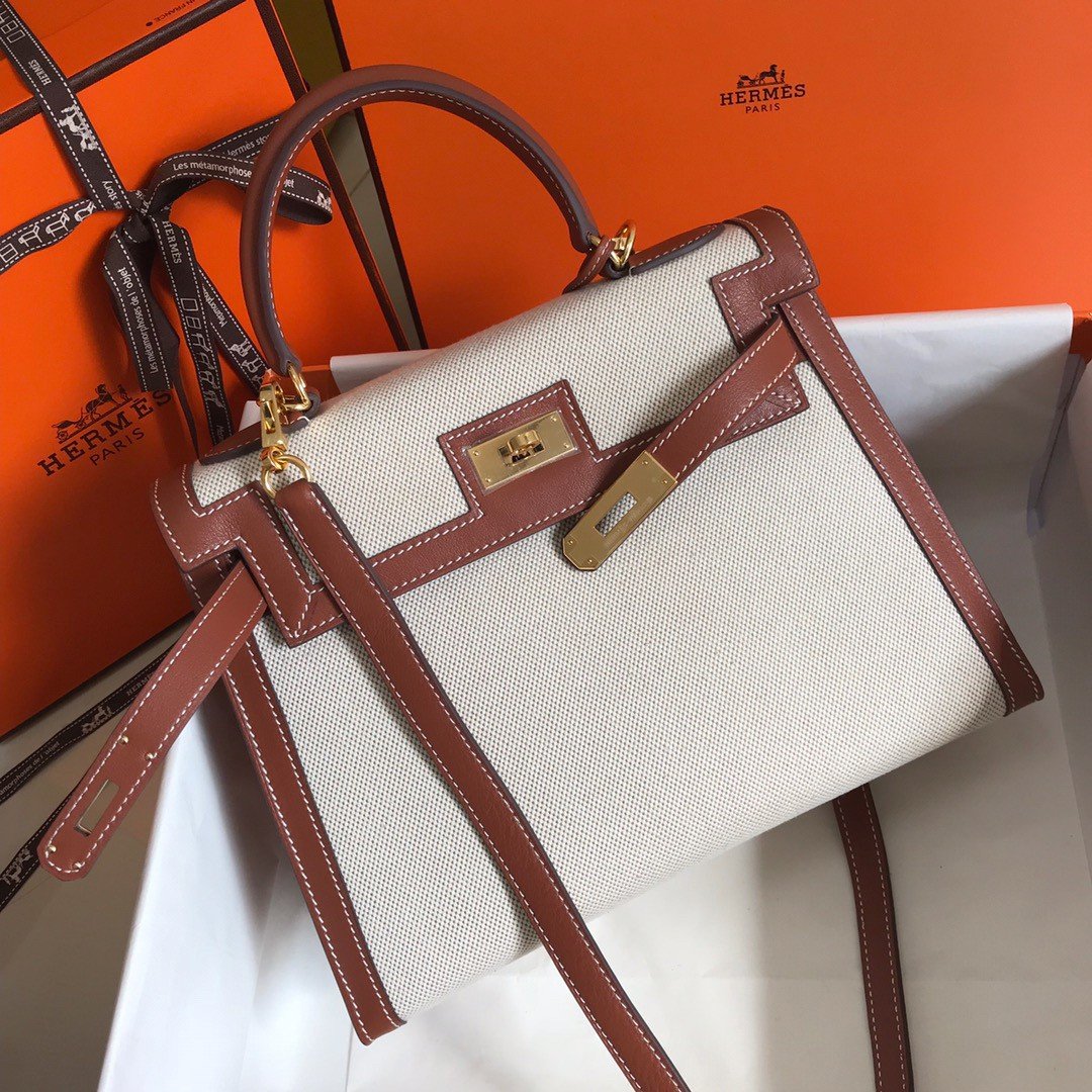 Hermes Kelly 28cm Bag In Canvas With Barenia Leather