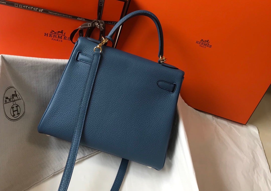 Hermes Kelly 28cm Retourne Bag in Blue Agate Clemence Leather GHW