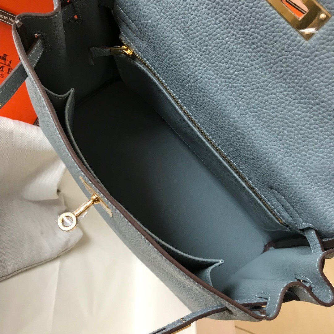 Hermes Kelly 28cm Retourne Bag in Blue Lin Clemence Leather GHW