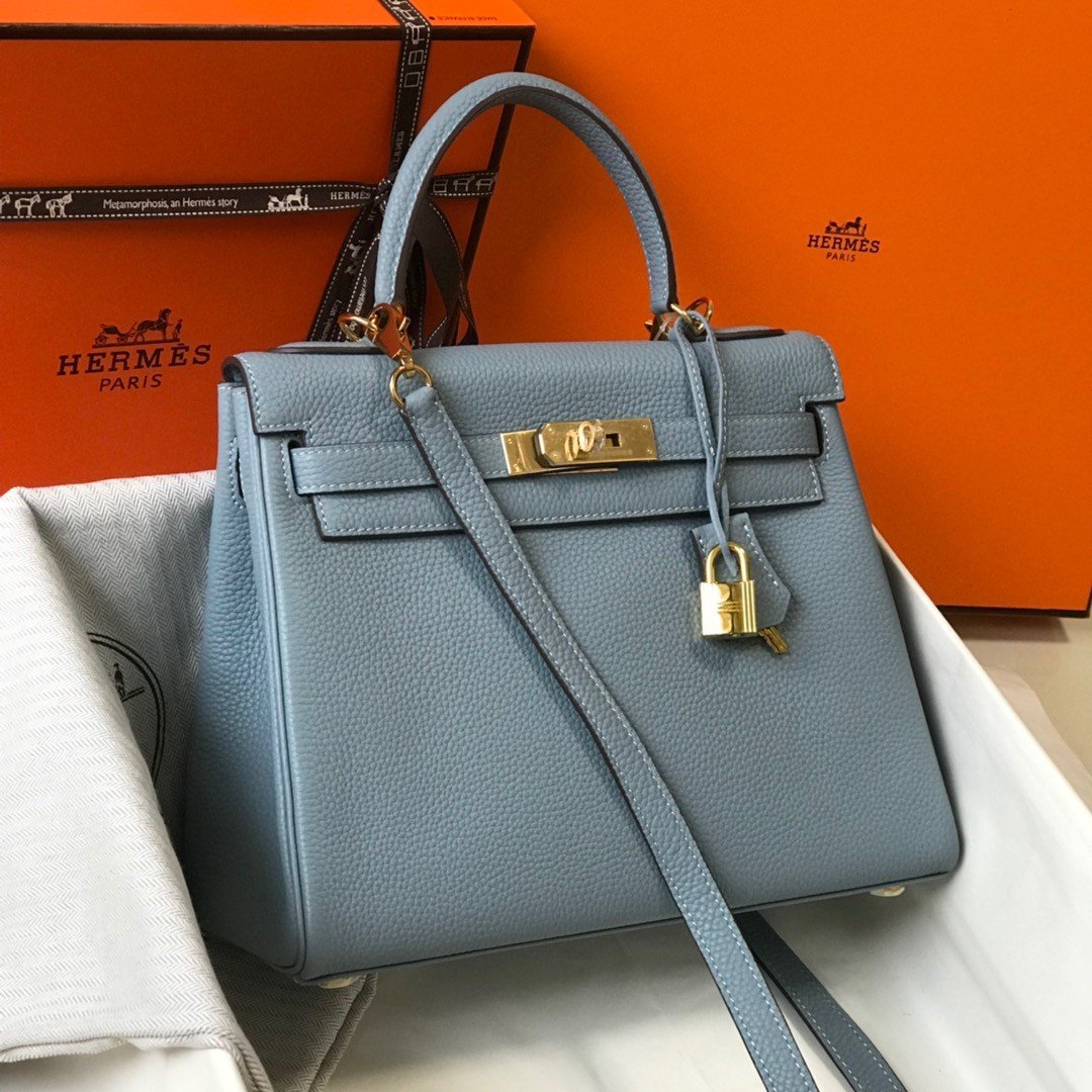 Hermes Kelly 28cm Retourne Bag in Blue Lin Clemence Leather GHW