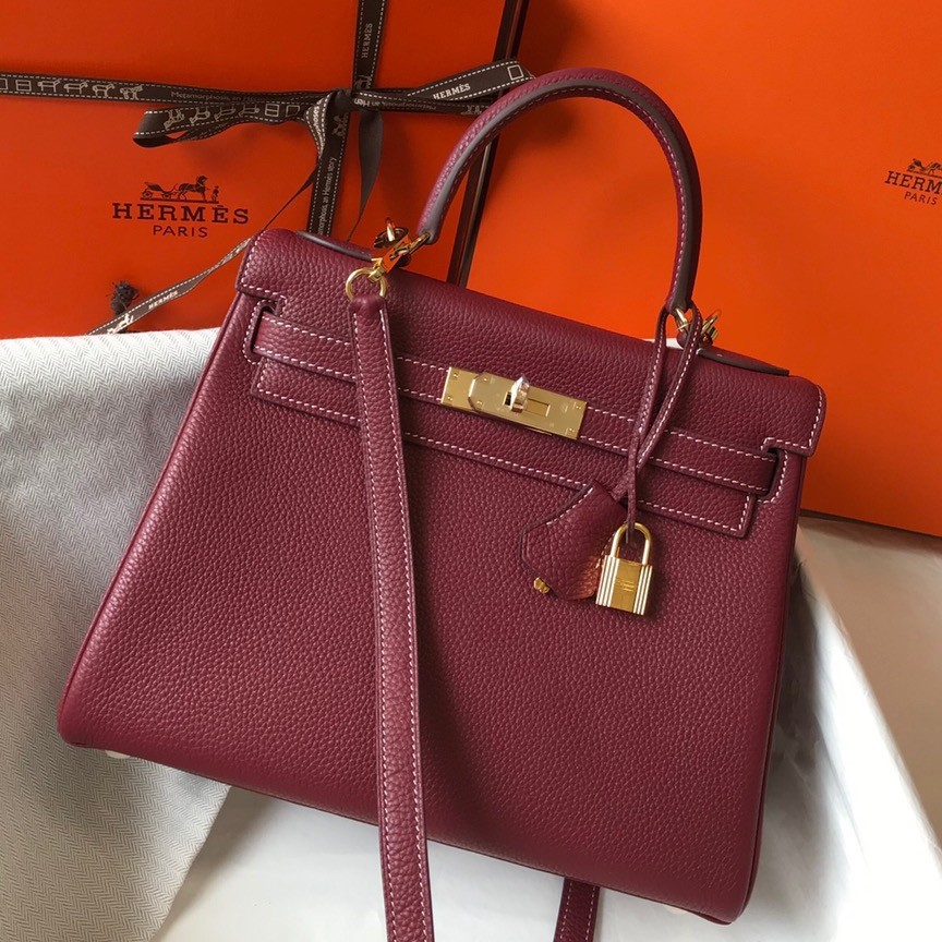 Hermes Kelly 28cm Retourne Bag in Bordeaux Clemence Leather GHW