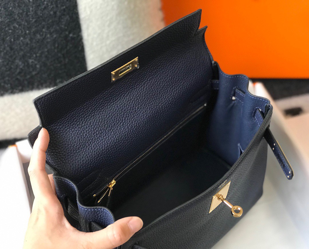 Hermes Kelly 28cm Retourne Bag in Dark Blue Clemence Leather GHW