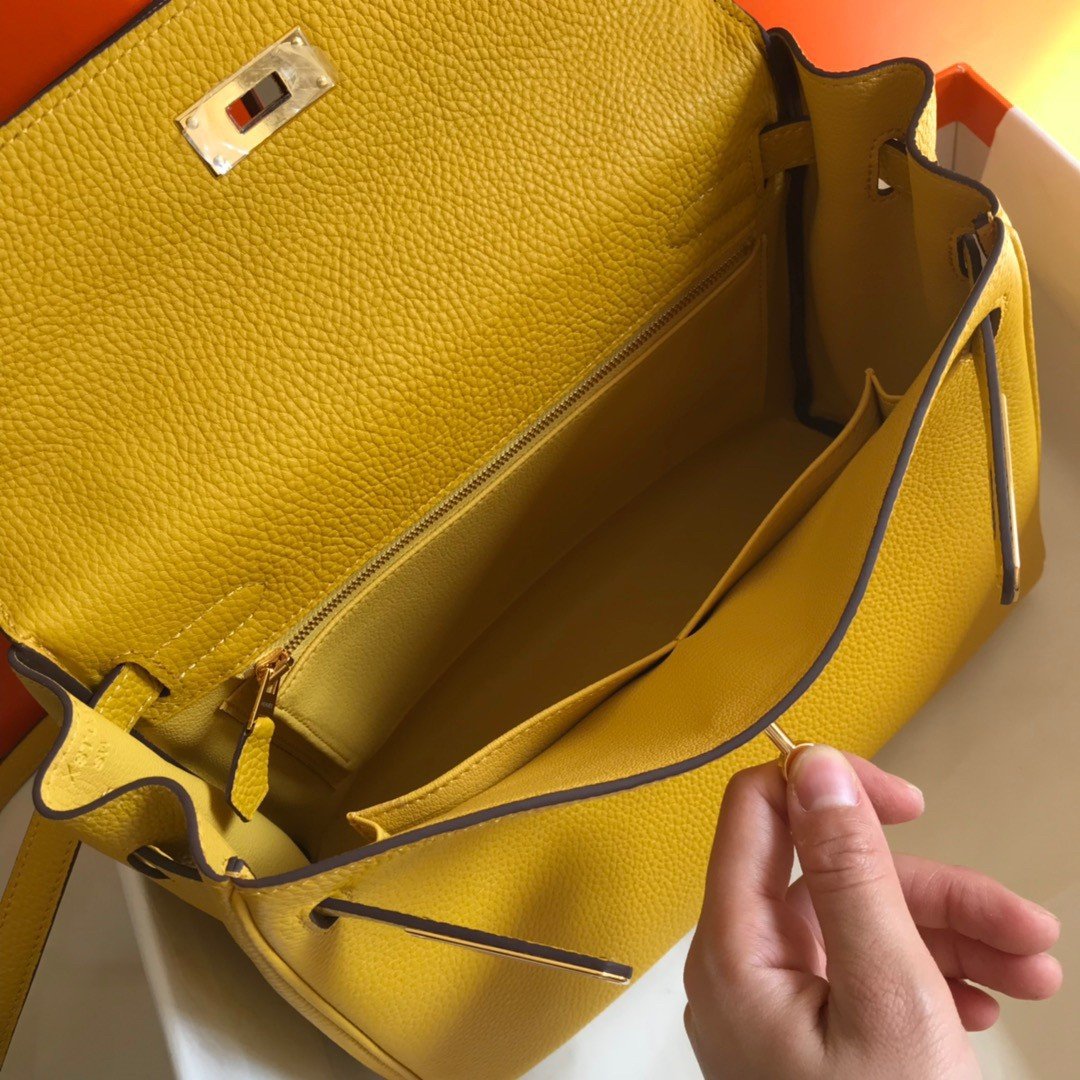 Hermes Kelly 28cm Retourne Bag in Yellow Clemence Leather GHW