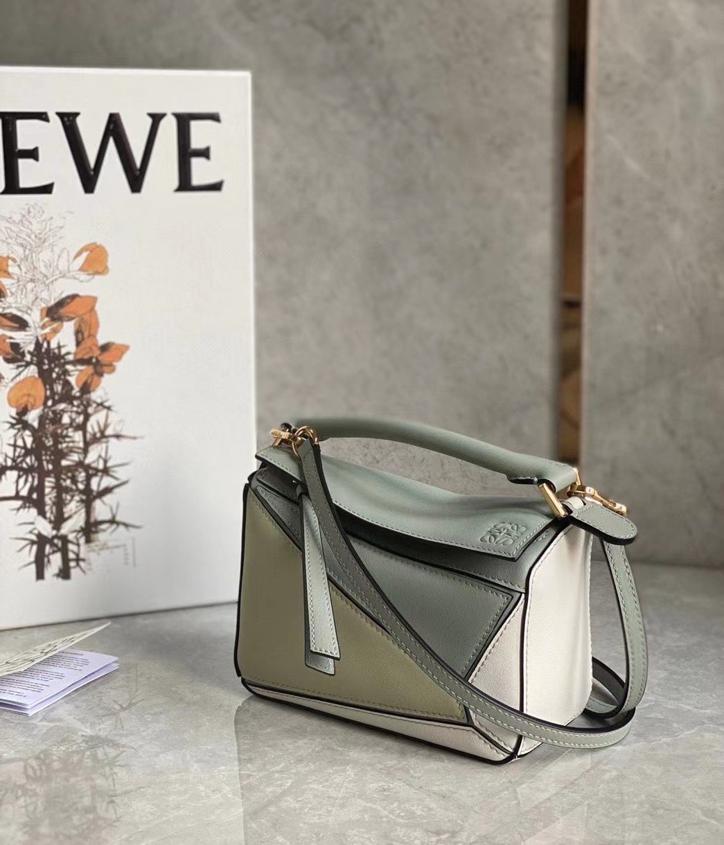 Loewe Puzzle Mini Bag In Grey/Cream/White Calfskin