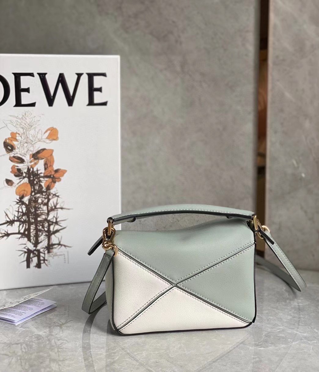 Loewe Puzzle Mini Bag In Grey/Cream/White Calfskin