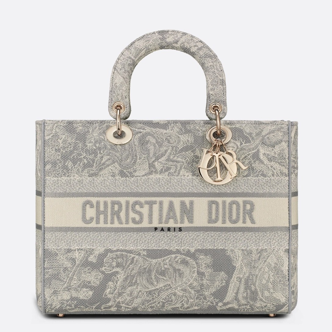 Dior Lady D-Lite Large Bag In Gray Toile de Jouy Reverse Embroidery