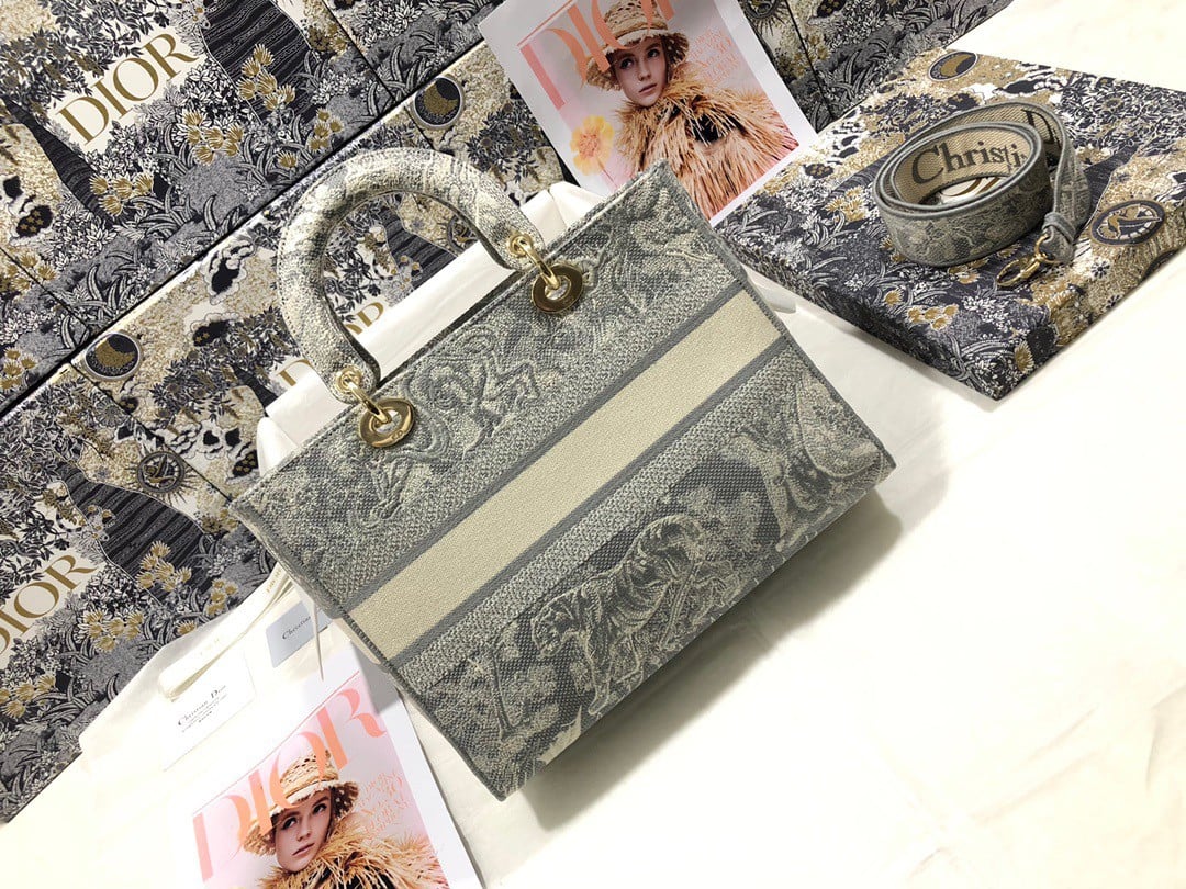 Dior Lady D-Lite Large Bag In Gray Toile de Jouy Reverse Embroidery