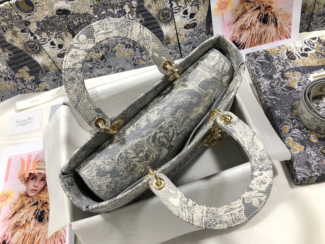 Dior Lady D-Lite Large Bag In Gray Toile de Jouy Reverse Embroidery