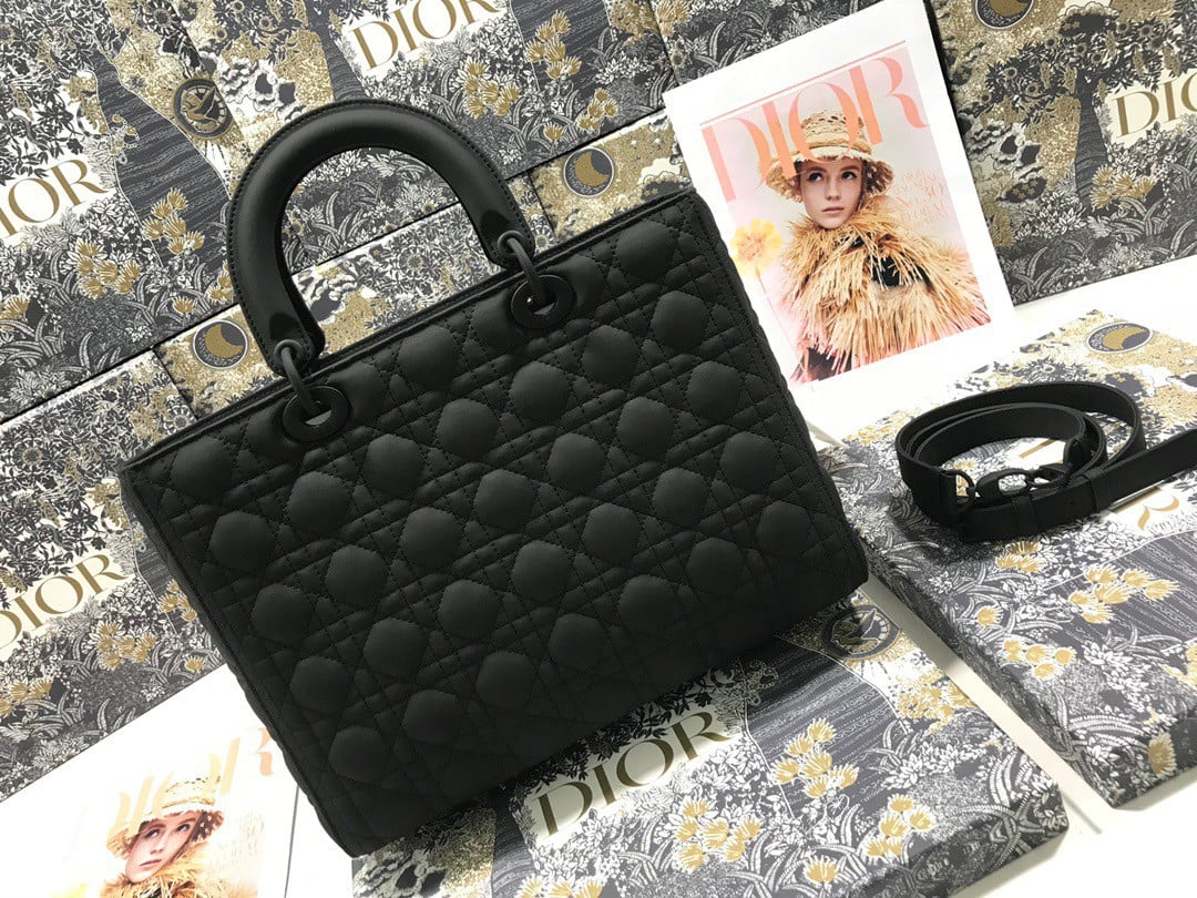 Dior Lady Dior Large Bag In Black Ultramatte Cannage Calfskin