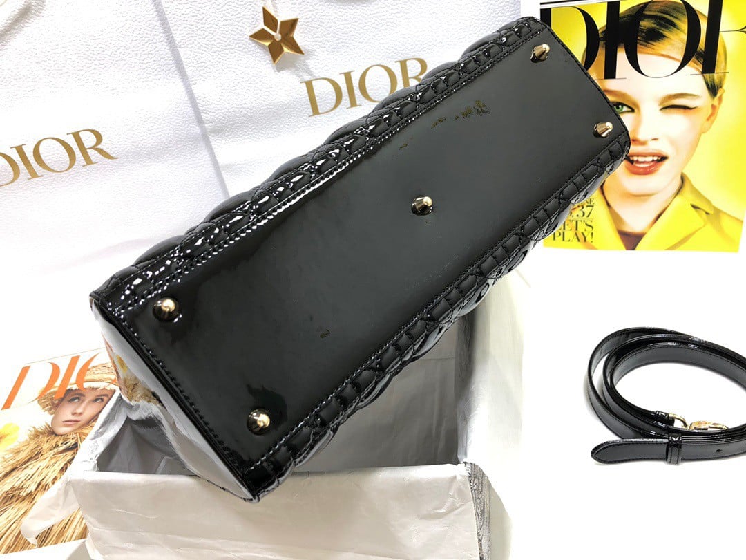 Dior Lady Dior Large Bag In Black Patent Cannage Calfskin