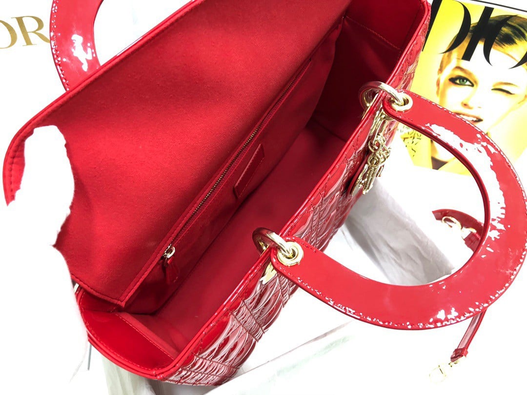 Dior Lady Dior Large Bag In Red Patent Cannage Calfskin