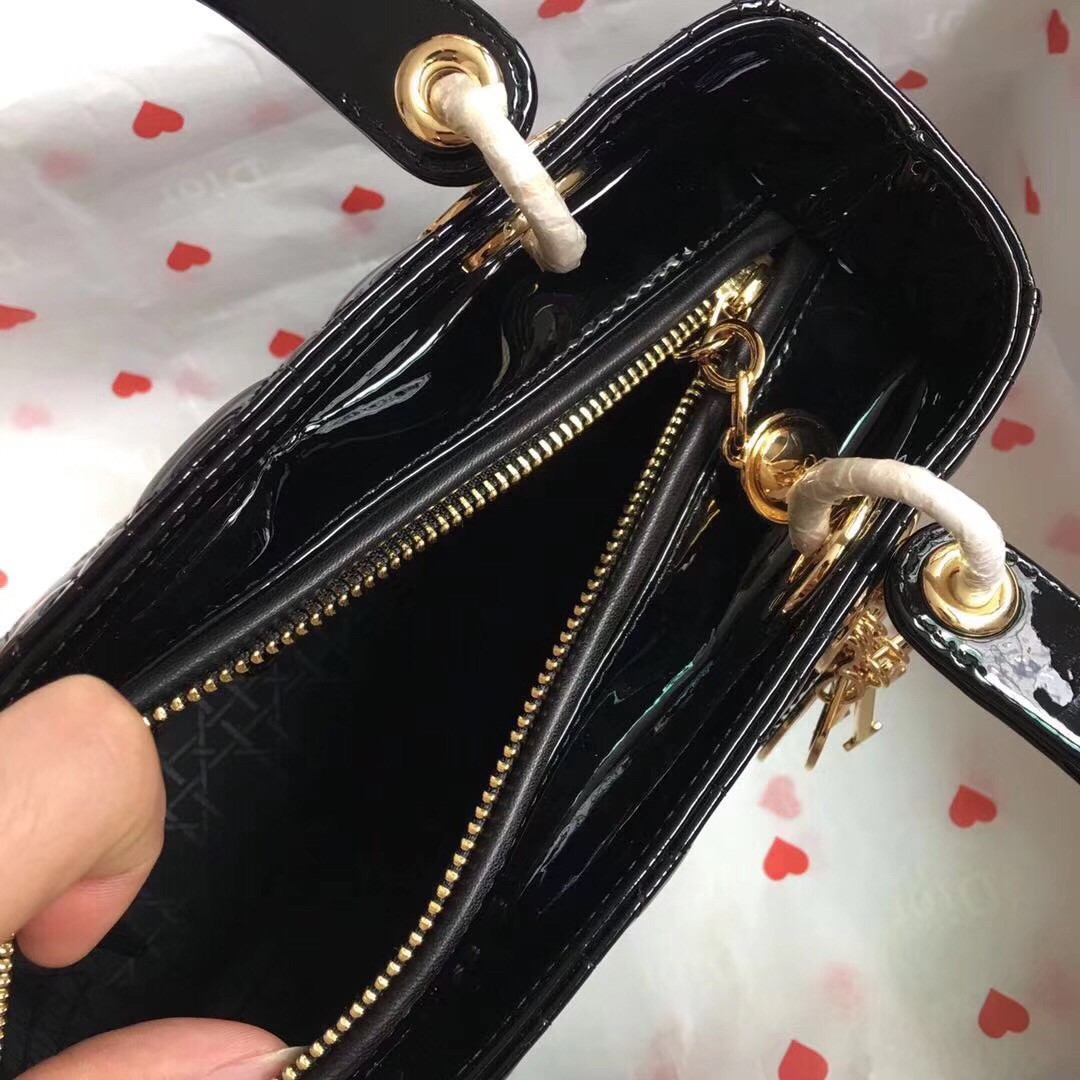 Dior Lady Dior Medium Bag In Black Patent Leather