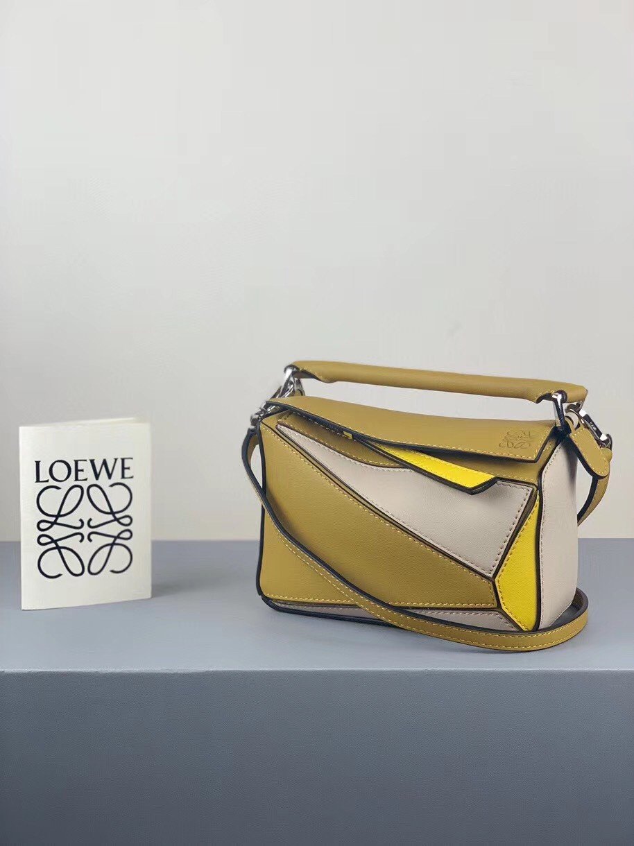 Loewe Puzzle Mini Bag In Ochre/White/Yellow Calfskin