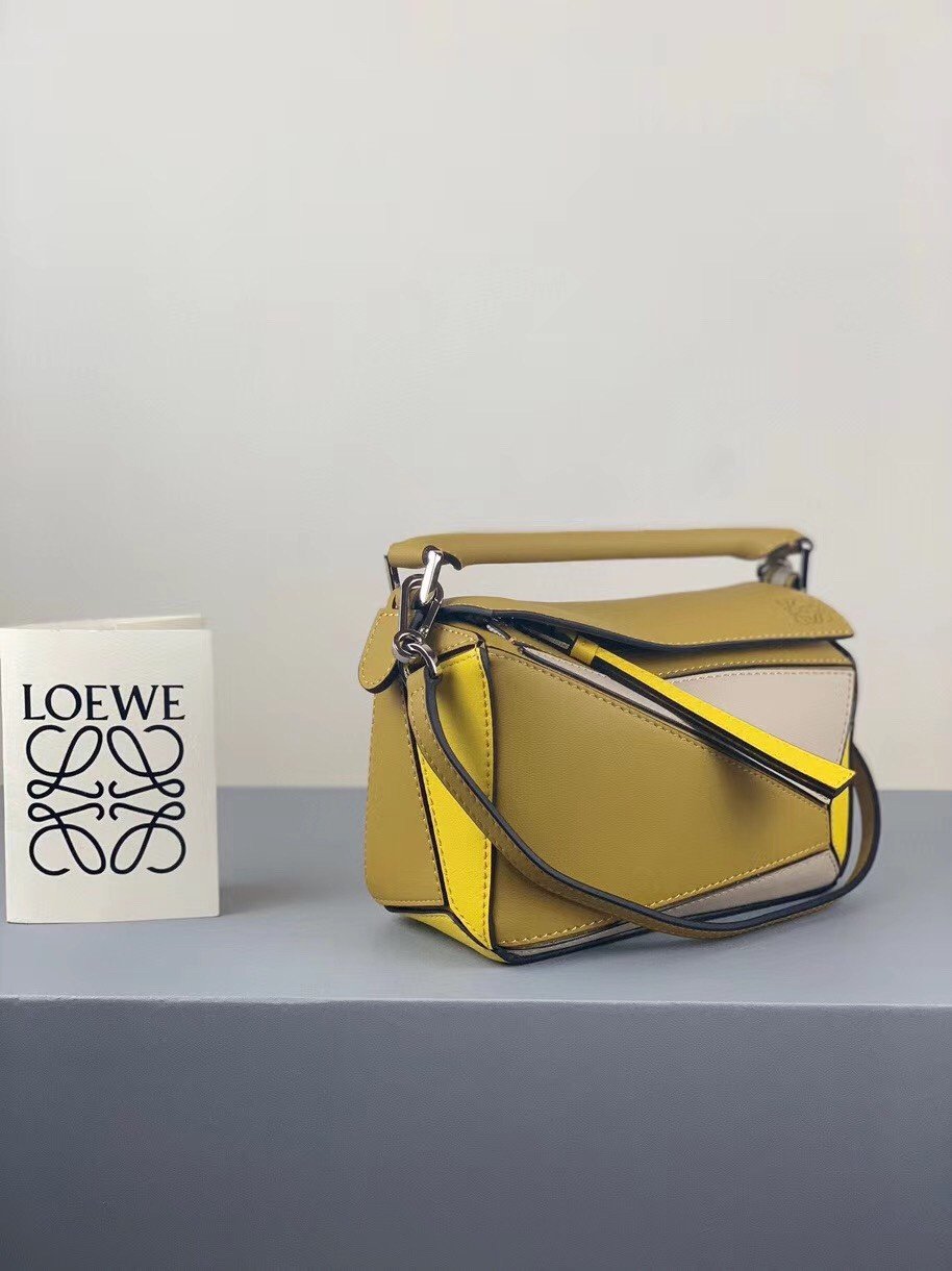 Loewe Puzzle Mini Bag In Ochre/White/Yellow Calfskin