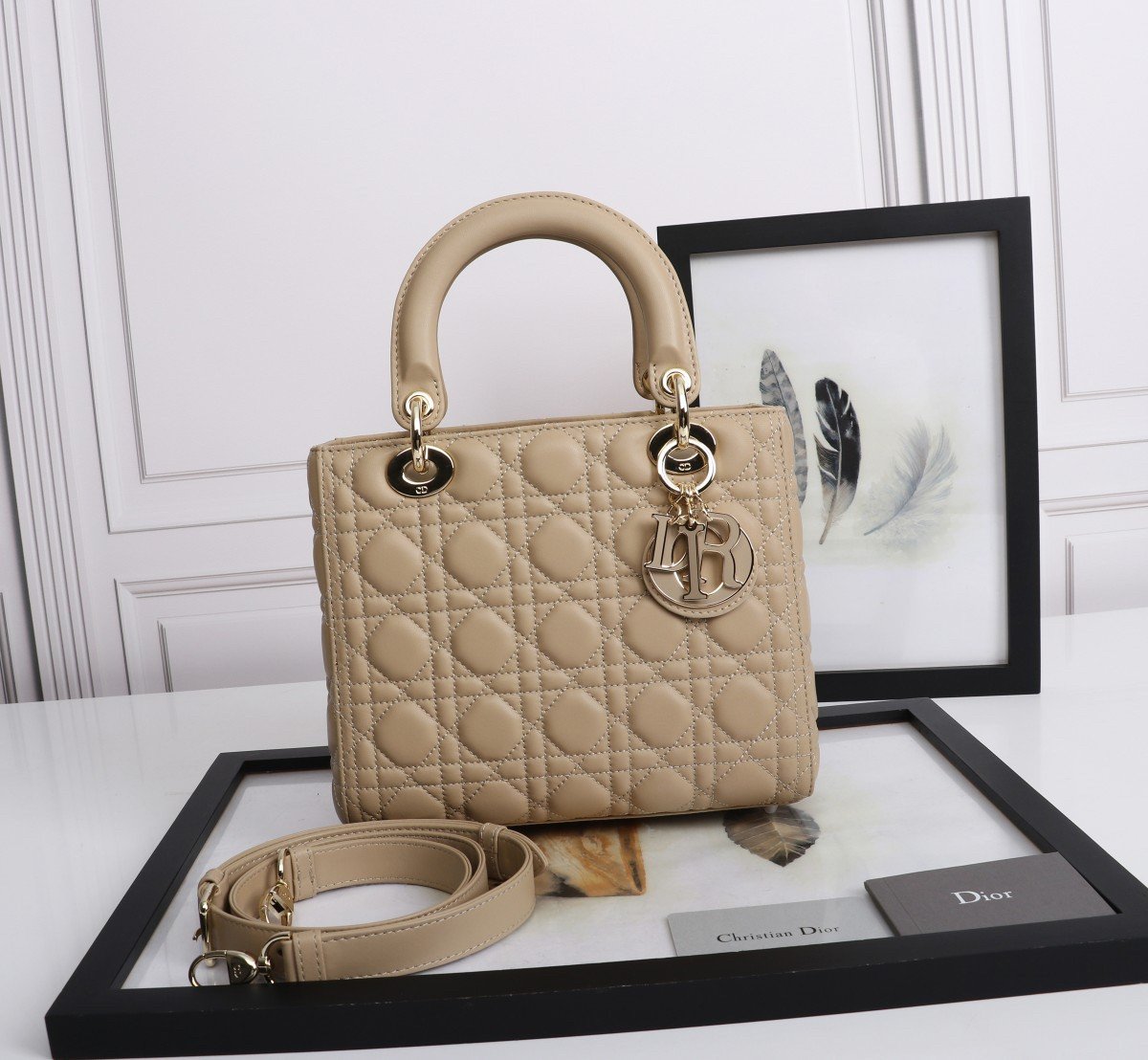 Dior Lady Dior Medium Bag in Beige Lambskin with Enamel Charm