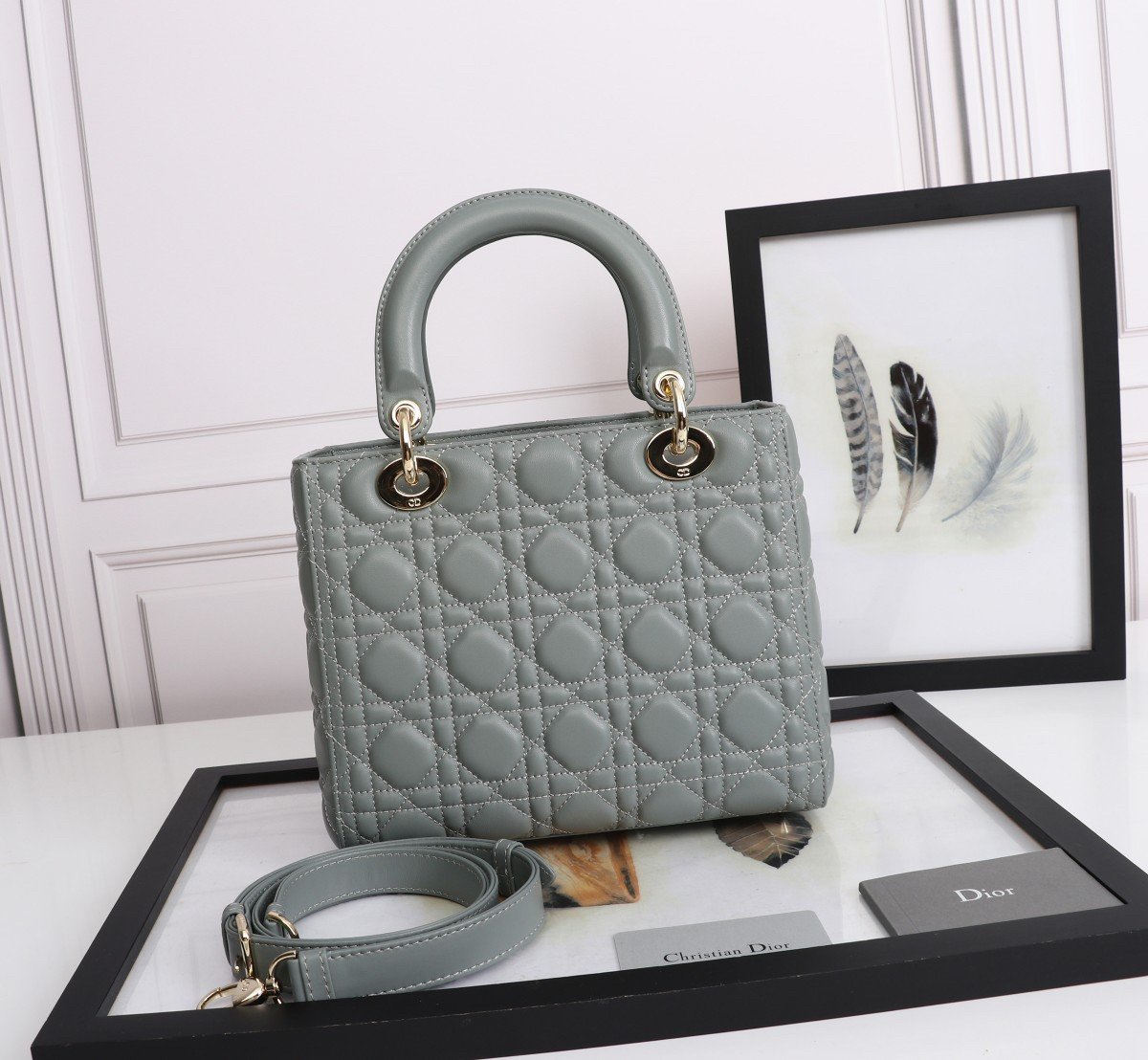 Dior Lady Dior Medium Bag in Grey Lambskin with Enamel Charm