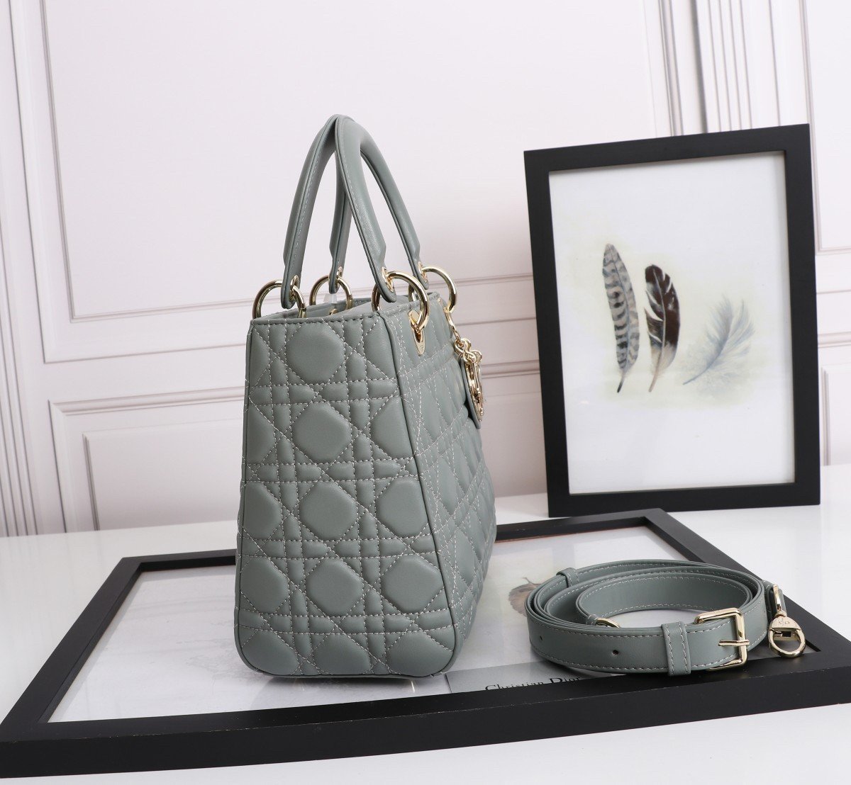 Dior Lady Dior Medium Bag in Grey Lambskin with Enamel Charm