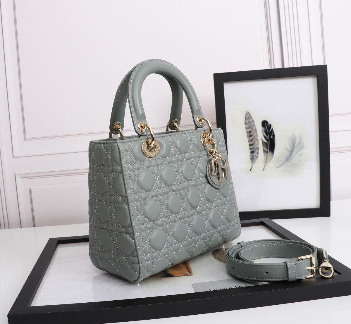 Dior Lady Dior Medium Bag in Grey Lambskin with Enamel Charm