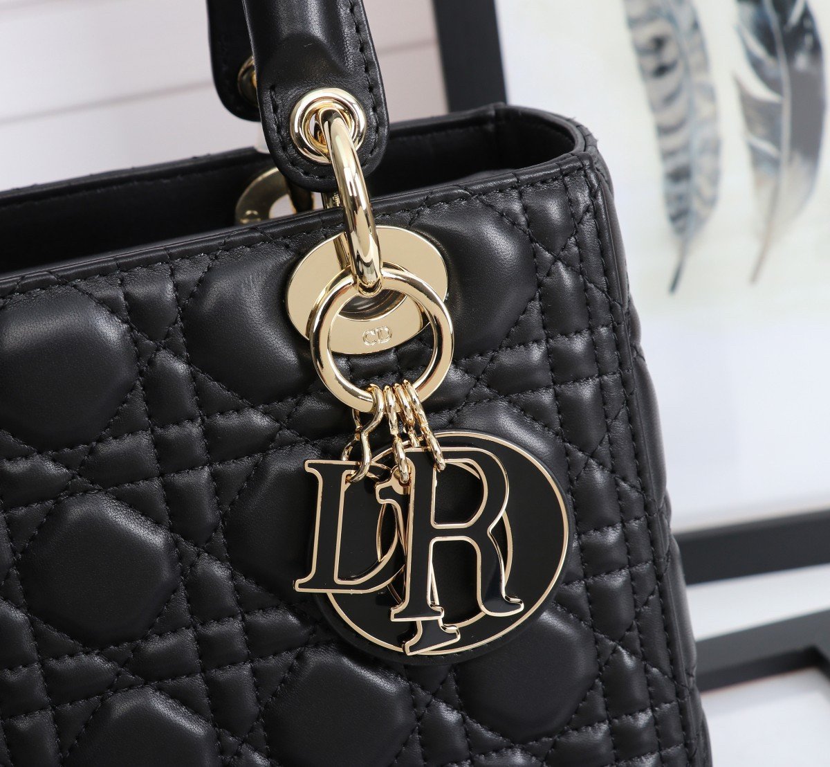 Dior Lady Dior Medium Bag in Black Lambskin with Enamel Charm