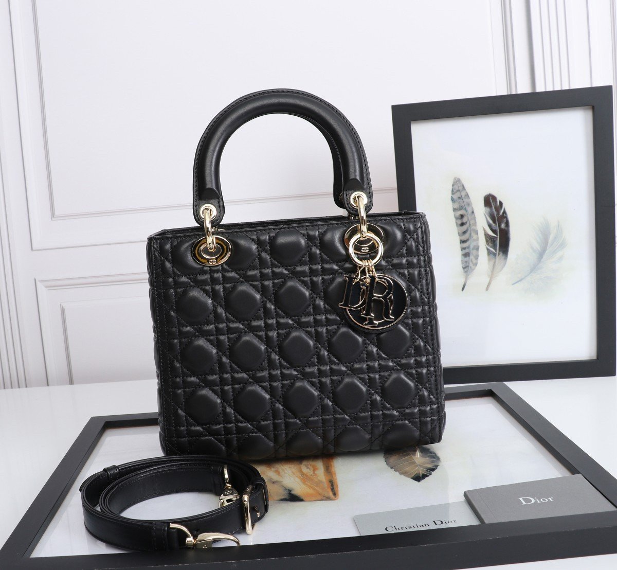 Dior Lady Dior Medium Bag in Black Lambskin with Enamel Charm