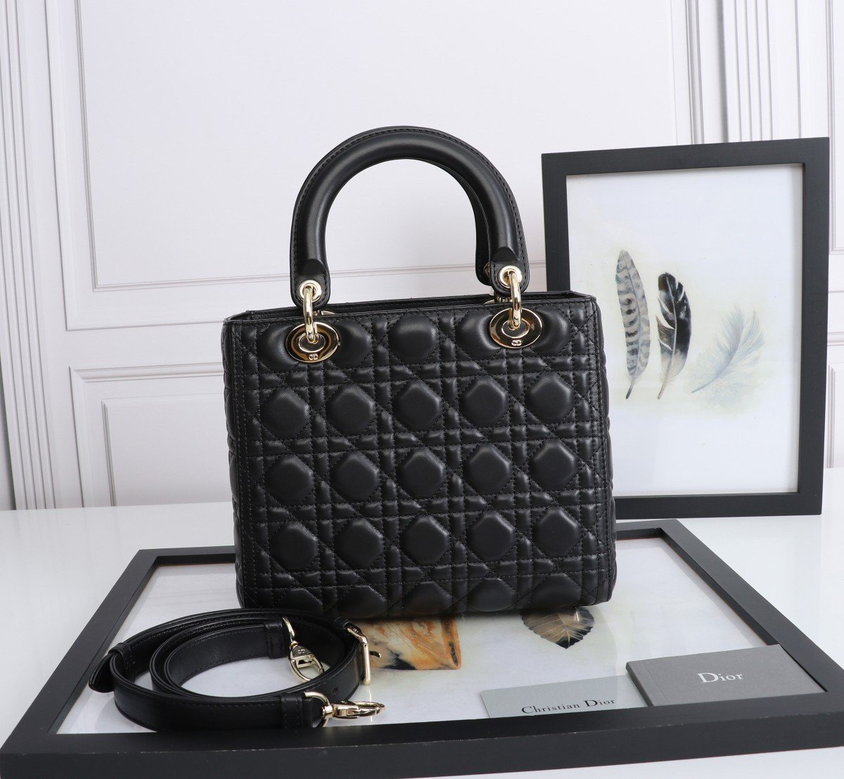 Dior Lady Dior Medium Bag in Black Lambskin with Enamel Charm