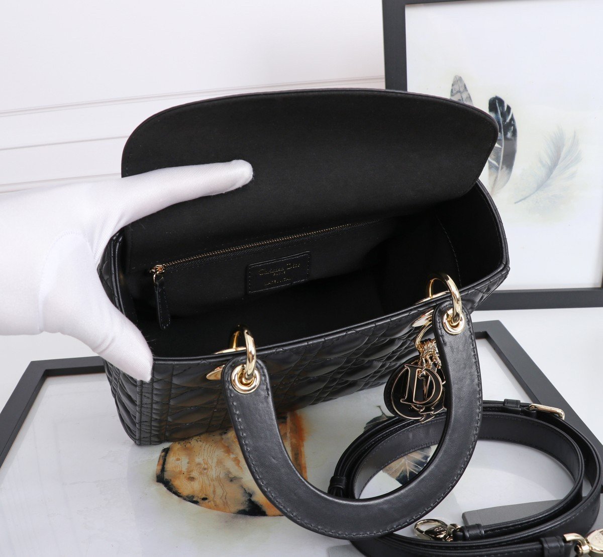 Dior Lady Dior Medium Bag in Black Lambskin with Enamel Charm