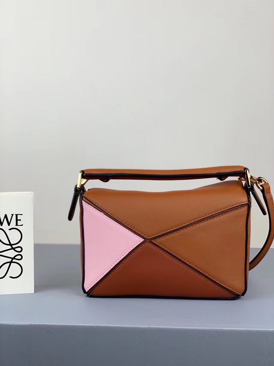 Loewe Puzzle Mini Bag In Brown/Camel/Pink Calfskin