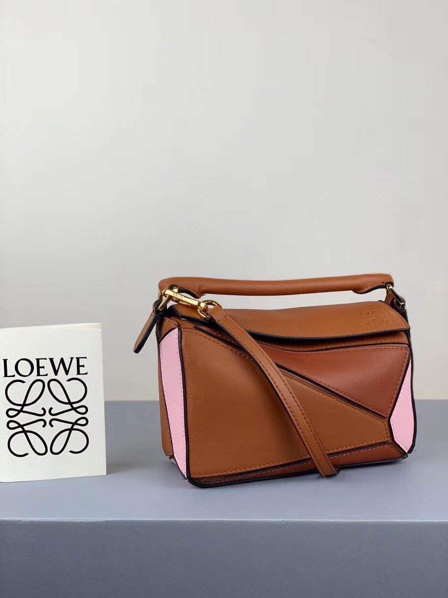 Loewe Puzzle Mini Bag In Brown/Camel/Pink Calfskin