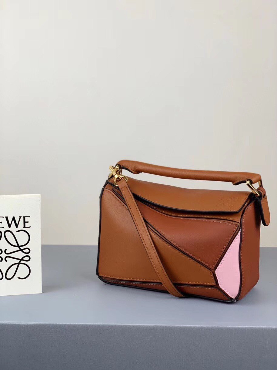 Loewe Puzzle Mini Bag In Brown/Camel/Pink Calfskin