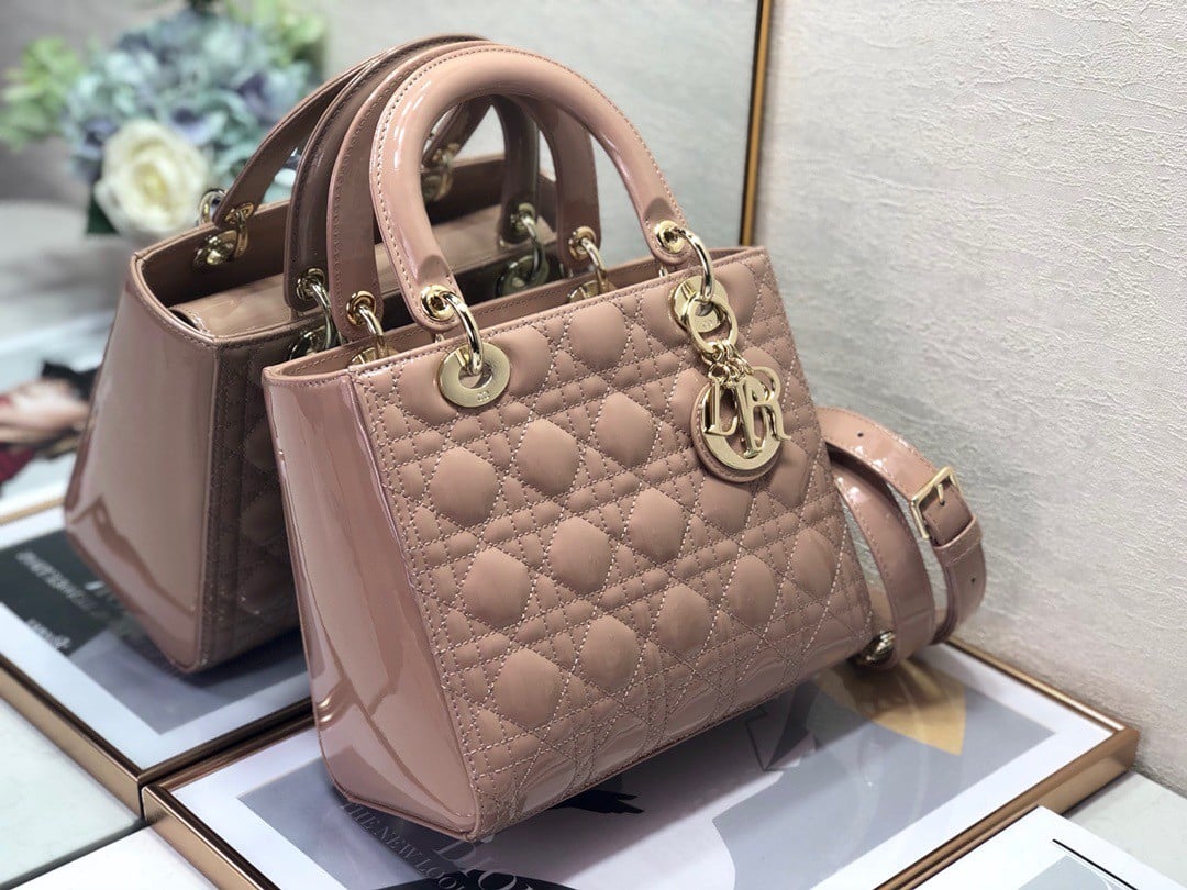 Dior Lady Dior Medium Bag In Blush Patent Cannage Calfskin