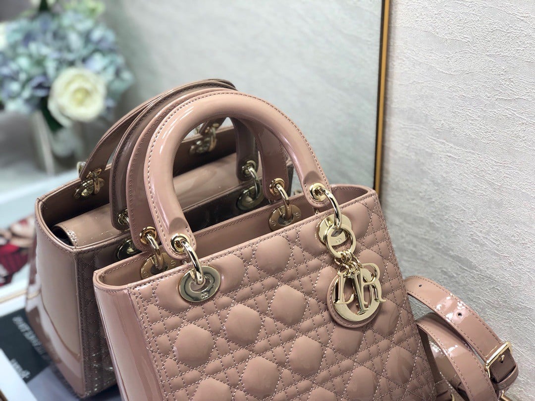 Dior Lady Dior Medium Bag In Blush Patent Cannage Calfskin