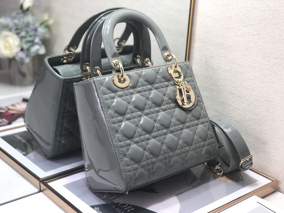 Dior Lady Dior Medium Bag In Grey Patent Cannage Calfskin