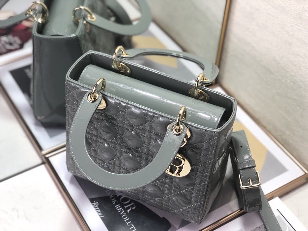 Dior Lady Dior Medium Bag In Grey Patent Cannage Calfskin