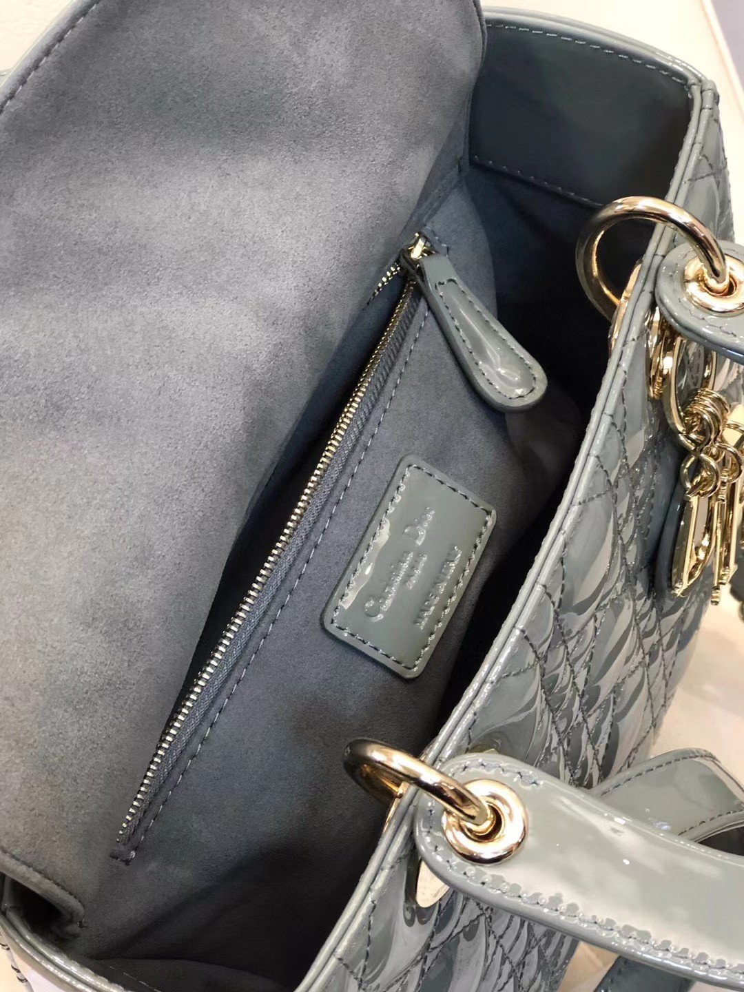 Dior Lady Dior Medium Bag In Grey Patent Cannage Calfskin