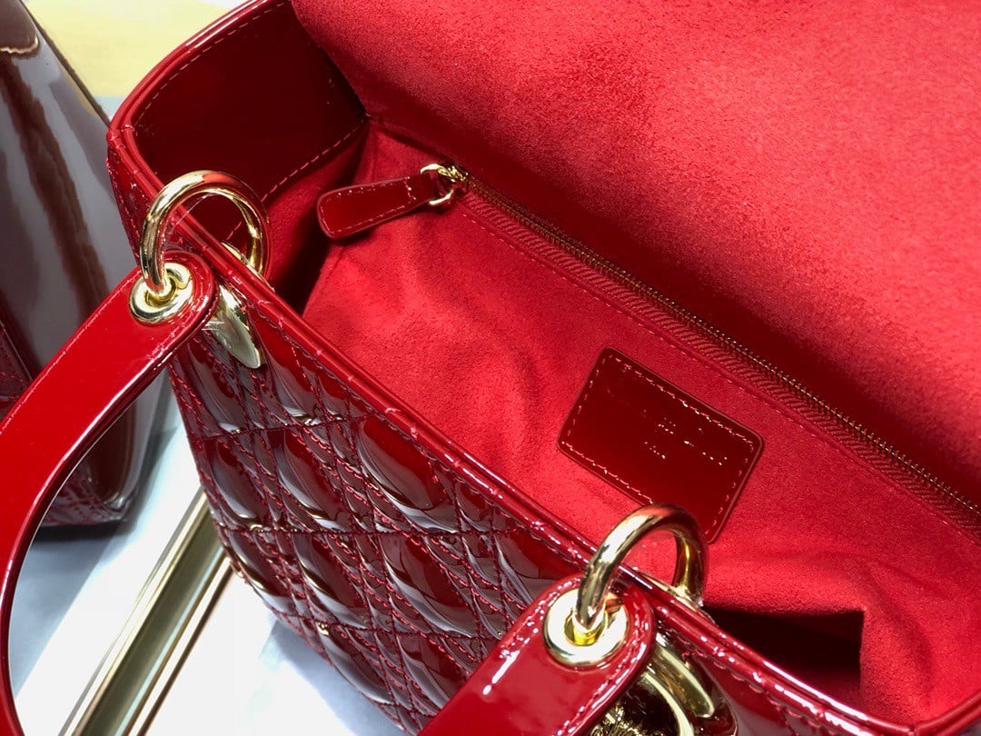 Dior Lady Dior Medium Bag In Red Patent Cannage Calfskin