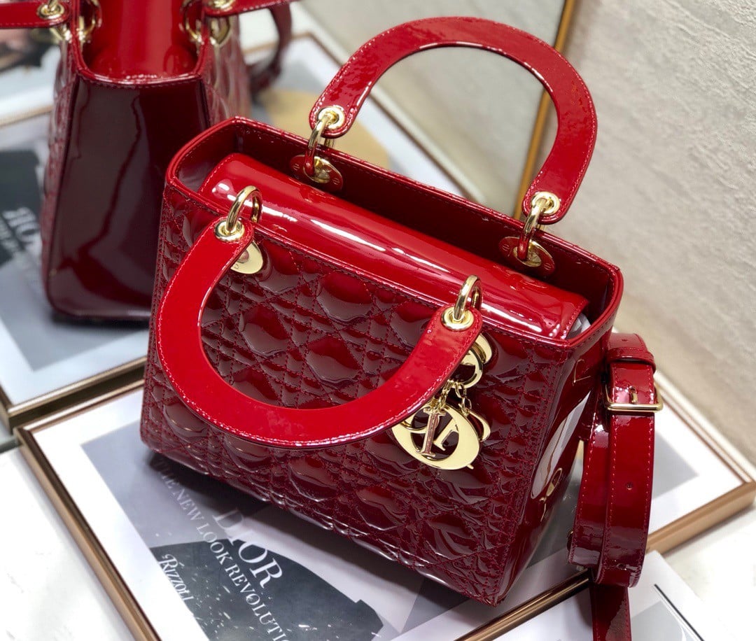 Dior Lady Dior Medium Bag In Red Patent Cannage Calfskin