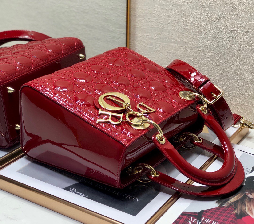 Dior Lady Dior Medium Bag In Red Patent Cannage Calfskin