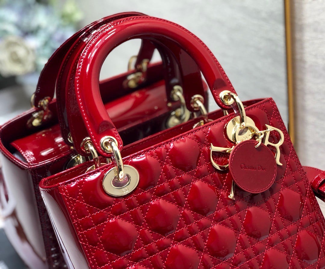 Dior Lady Dior Medium Bag In Red Patent Cannage Calfskin