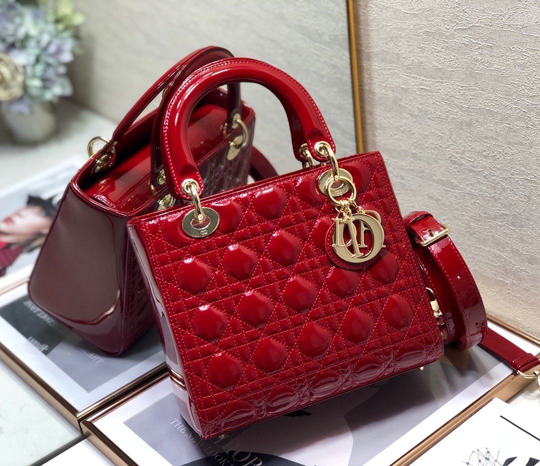 Dior Lady Dior Medium Bag In Red Patent Cannage Calfskin