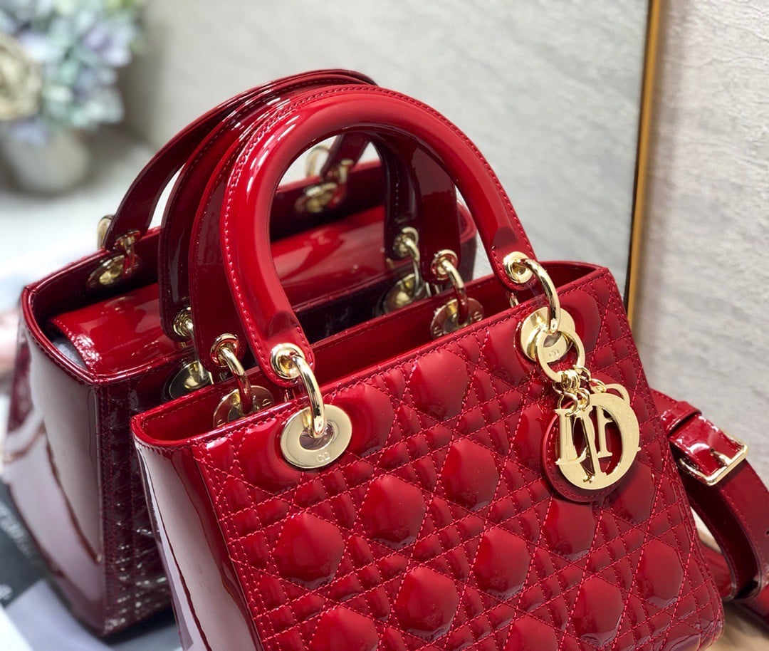 Dior Lady Dior Medium Bag In Red Patent Cannage Calfskin