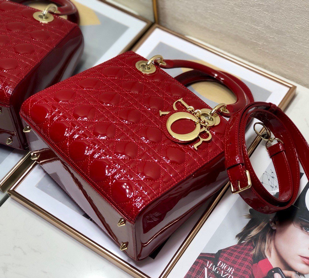 Dior Lady Dior Medium Bag In Red Patent Cannage Calfskin