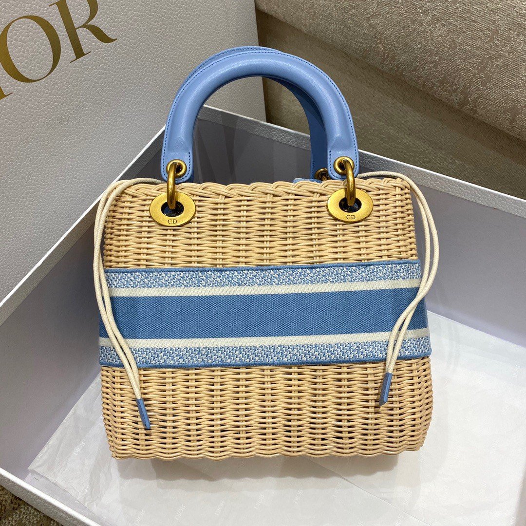 Dior Lady Dior Medium Bag in Wicker and Light Blue Oblique Jacquard