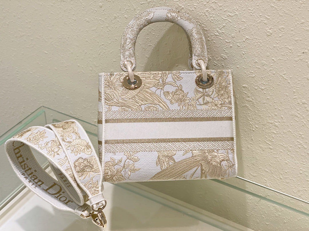 Dior Lady D-Lite Medium Bag In Gold Jardin d'Hiver Embroidery