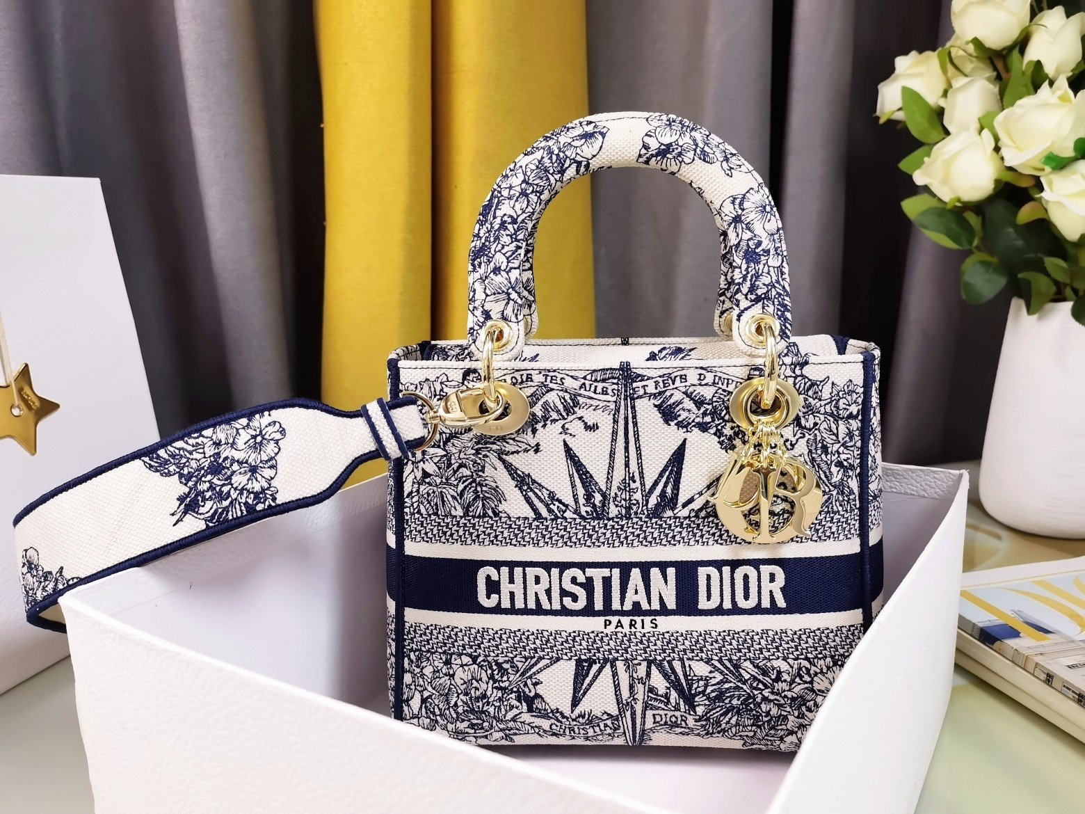 Dior Lady D-Lite Medium Bag In Blue Multicolor Rêve d'Infini Embroidery