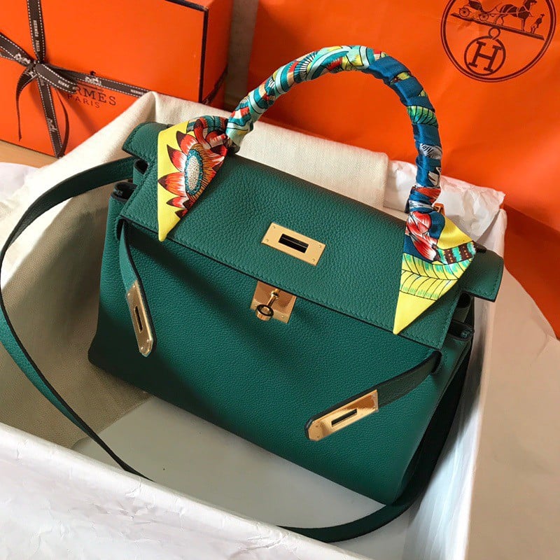 Hermes Kelly Retourne 28 Handmade Bag In Malachite Clemence Leather