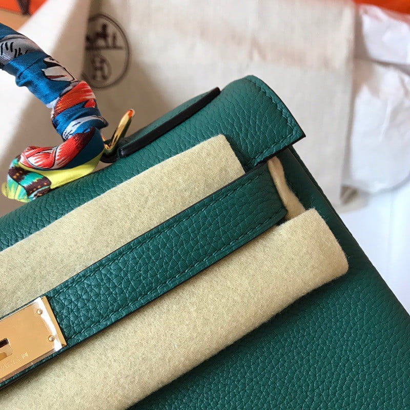 Hermes Kelly Retourne 28 Handmade Bag In Malachite Clemence Leather