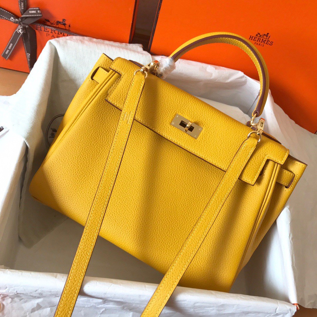 Hermes Kelly Retourne 28 Handmade Bag In Jaune Ambre Clemence Leather