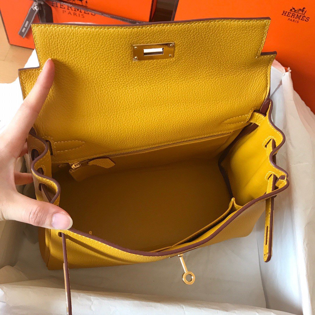 Hermes Kelly Retourne 28 Handmade Bag In Jaune Ambre Clemence Leather