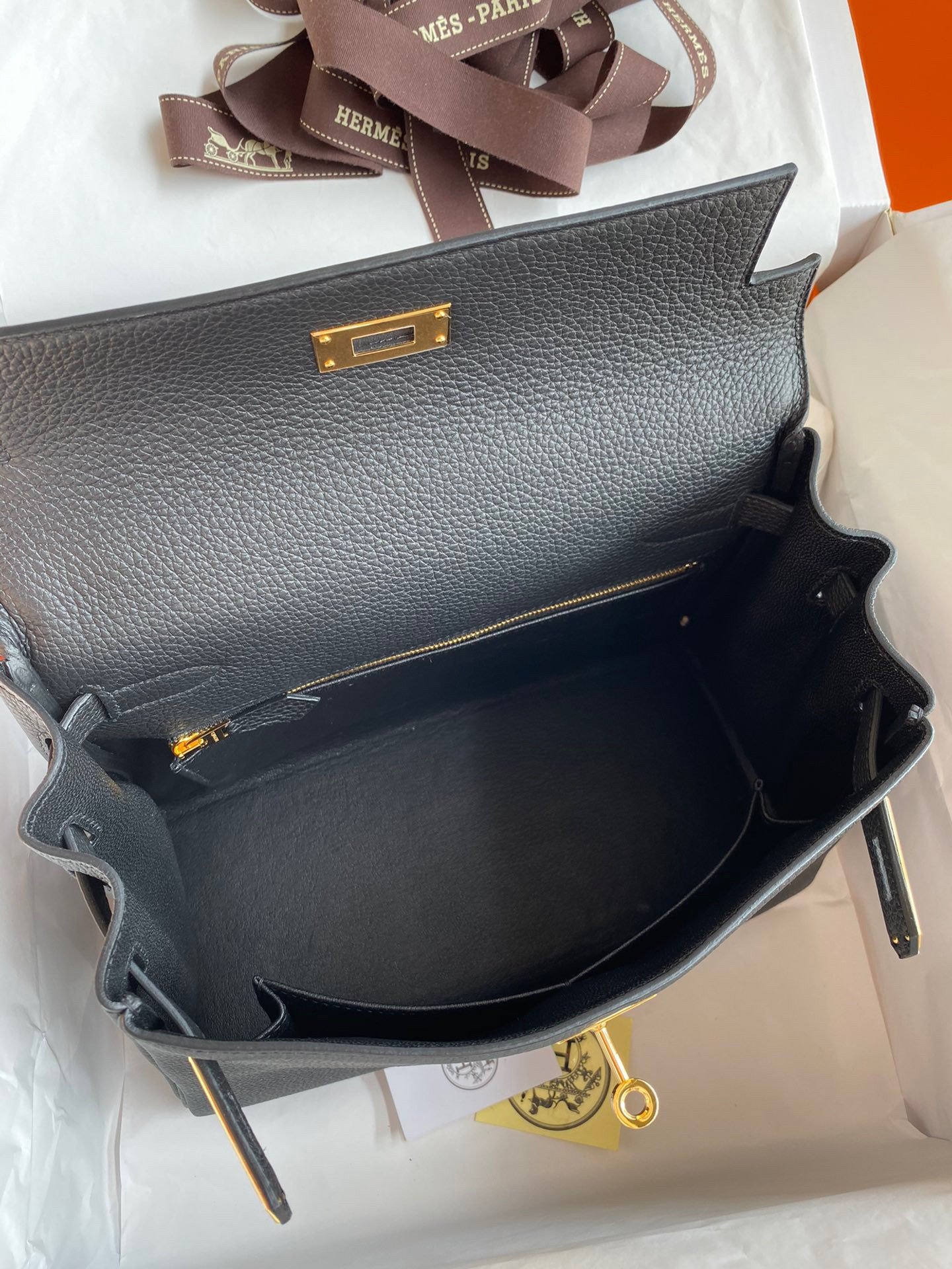 Hermes Kelly Retourne 28 Handmade Bag In Black Clemence Leather