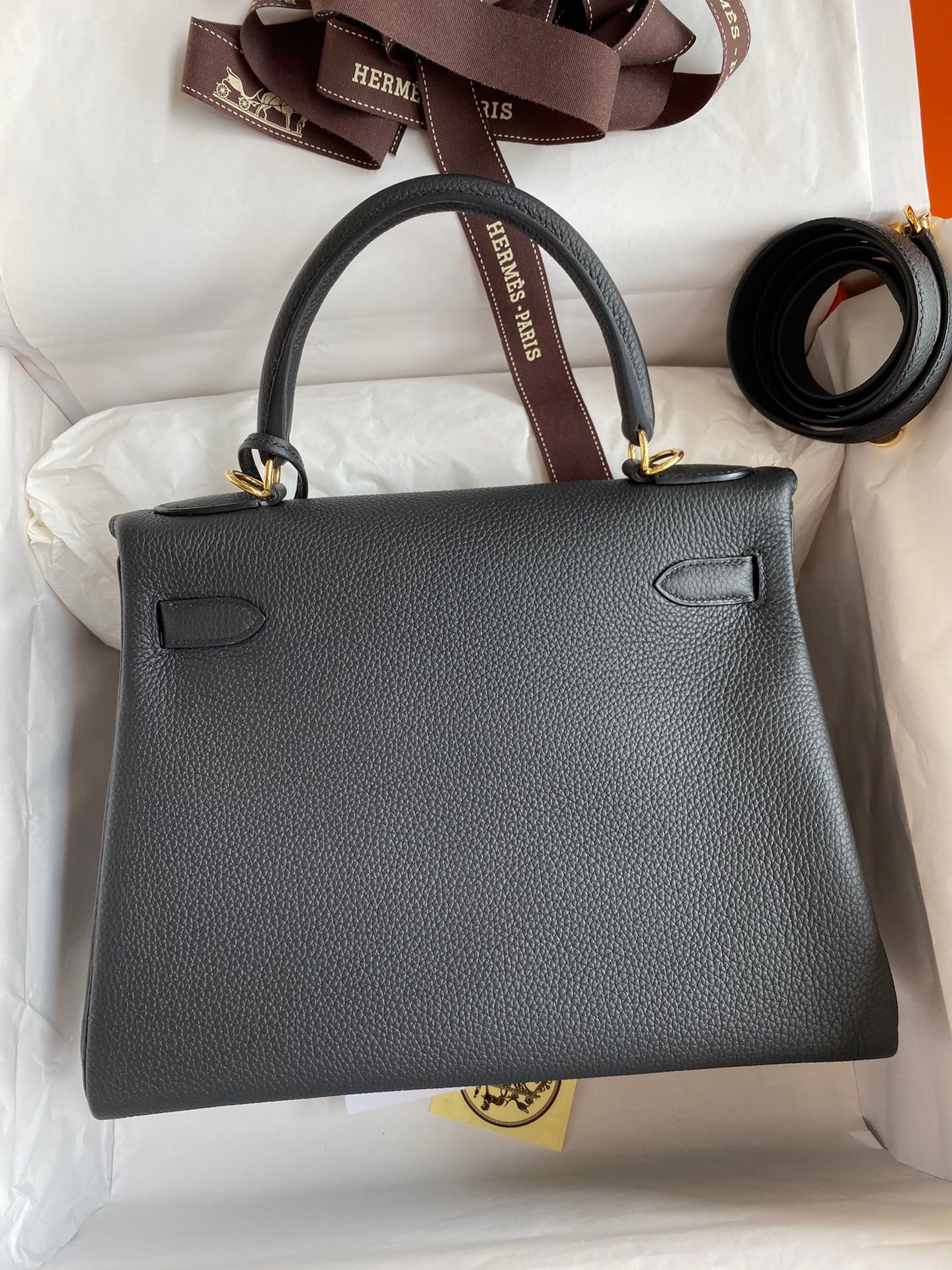 Hermes Kelly Retourne 28 Handmade Bag In Black Clemence Leather